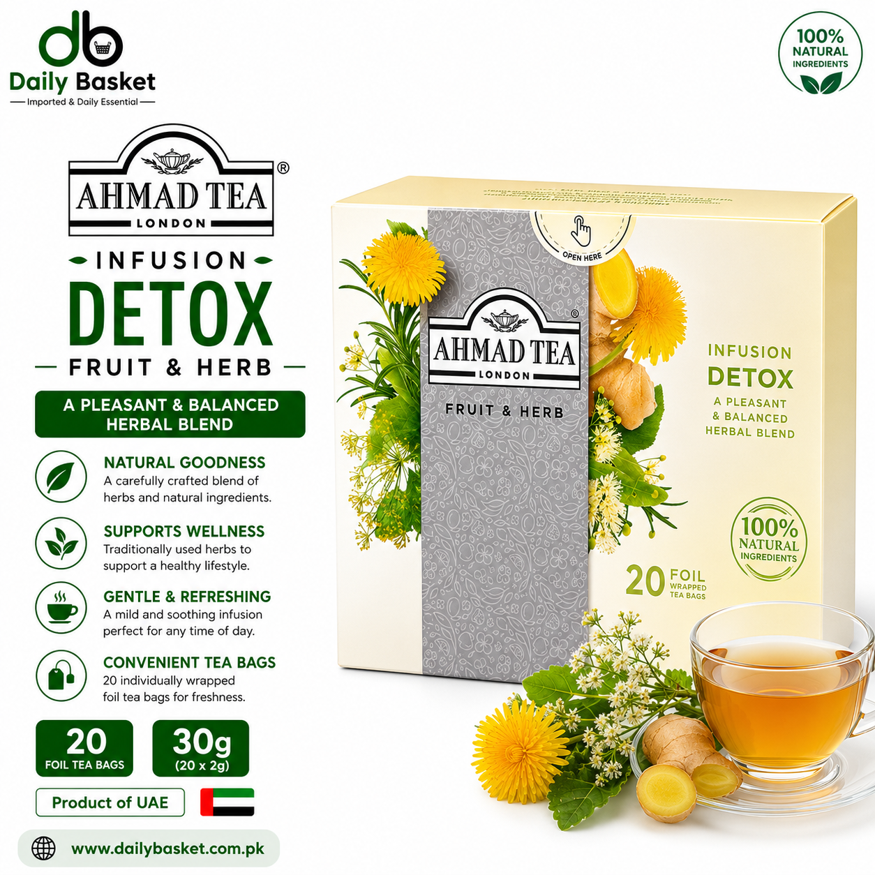 AHMAD TEA INFUSION DETOX A PLEASANT & BALANCED HERBAL BLEND 20 FOIL TEA BAGS